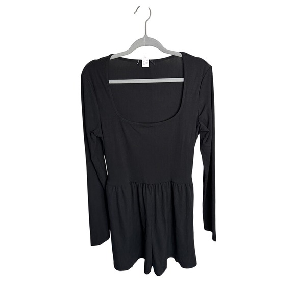 Ribbed Knit Romper Long Sleeve Square Neck Casual‎ Comfy Black - Picture 1 of 5